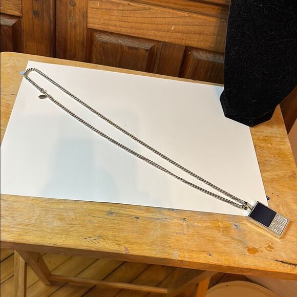 Ann Taylor Silver Tone and Dark Blue Pendant Necklace with Long 32” Chain - Picture 5 of 5